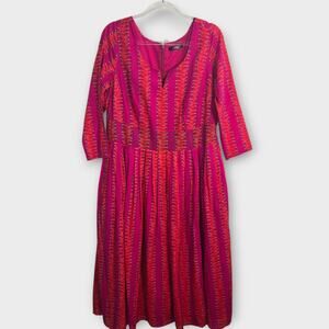 eShakti Pink Orange Leaf Print Cotton Midi Dress Fit & Flare Lined Plus Size